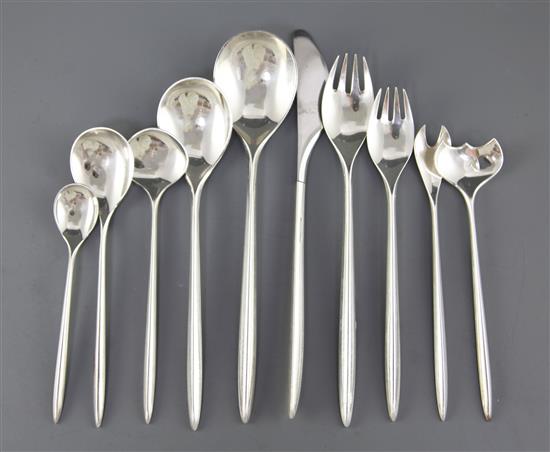 A stylish mid 20th century part suite of Danish sterling silver cutlery by Cohr, weighable silver 69 oz.